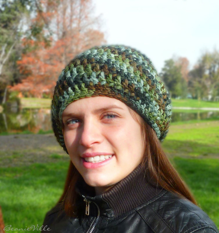 Slouchy beanie hat - Variegated PETROL BLUE / GREEN / Brown - chunky - crochet - womens Winter Autumn accessories - Wool Woolen