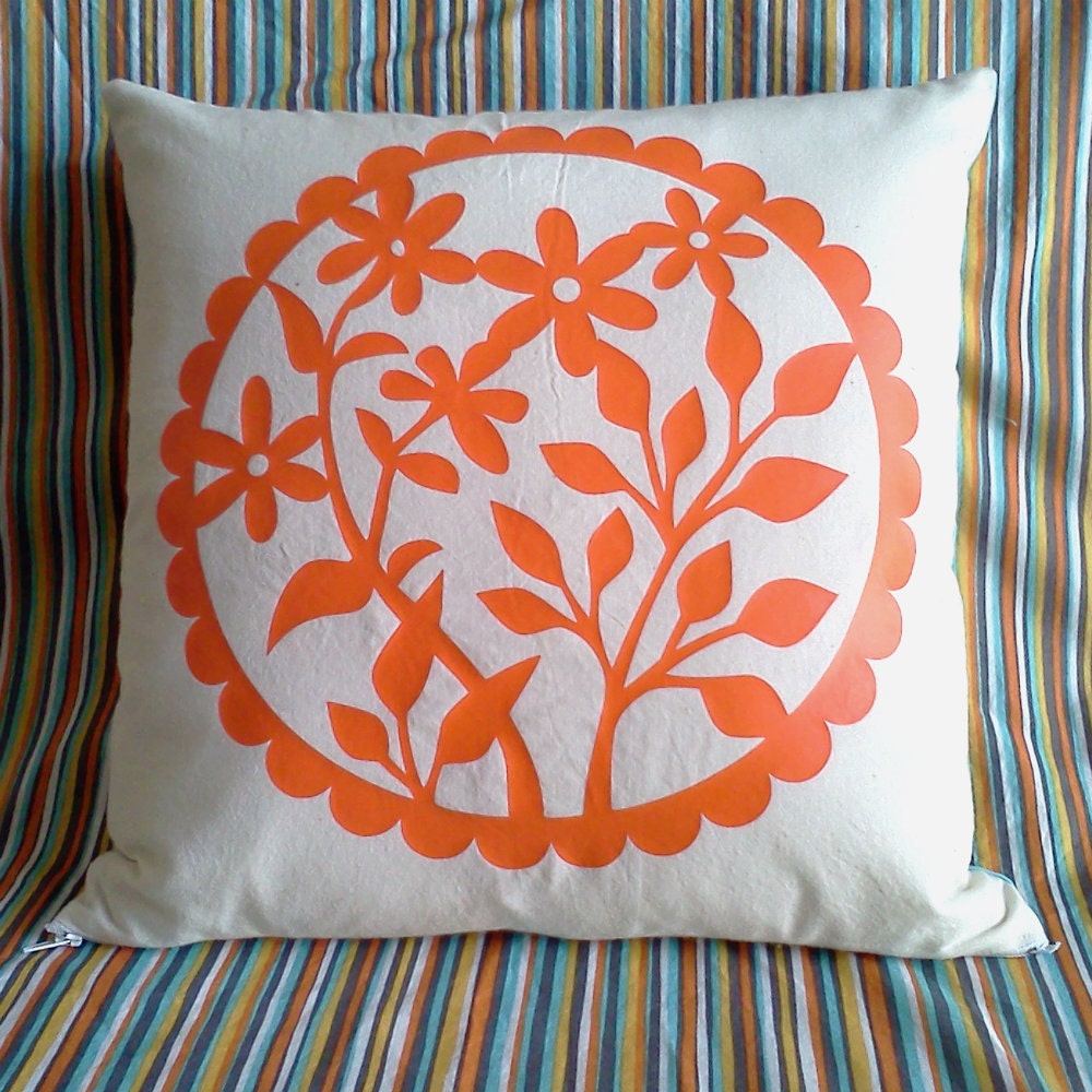 Orange Floral Medallion and Striped Pillow Cover