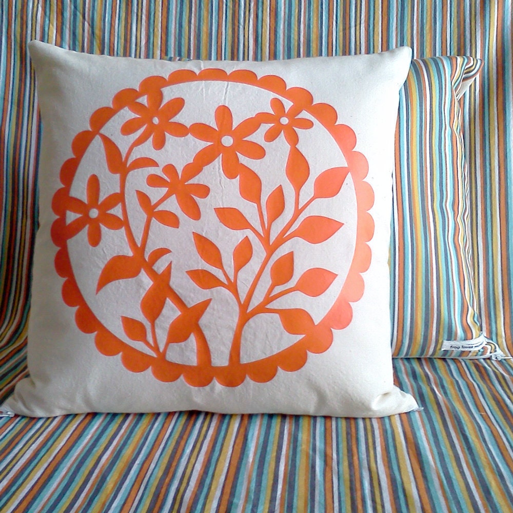 Orange Floral Medallion and Striped Pillow Cover