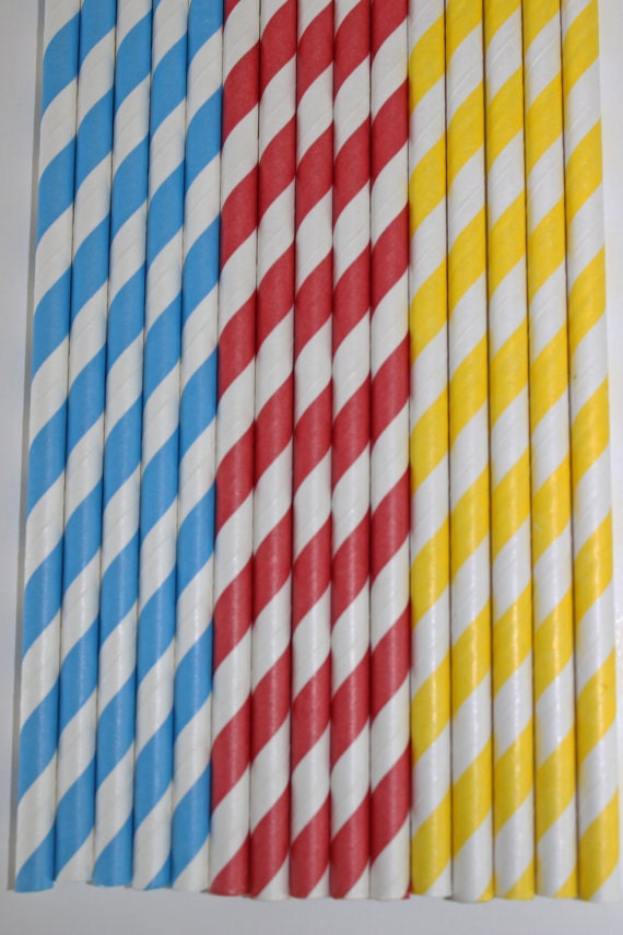 50 super hero red blue yellow stripe straws paper straws birthday party event cake pop sticks Bonus diy straw flags