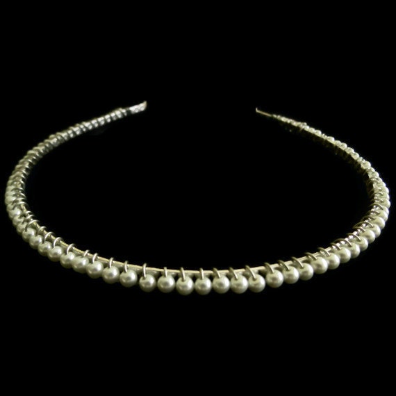 Pearl Bridal Headband, Wedding Headpiece, Silver Tone Tiara Circlet