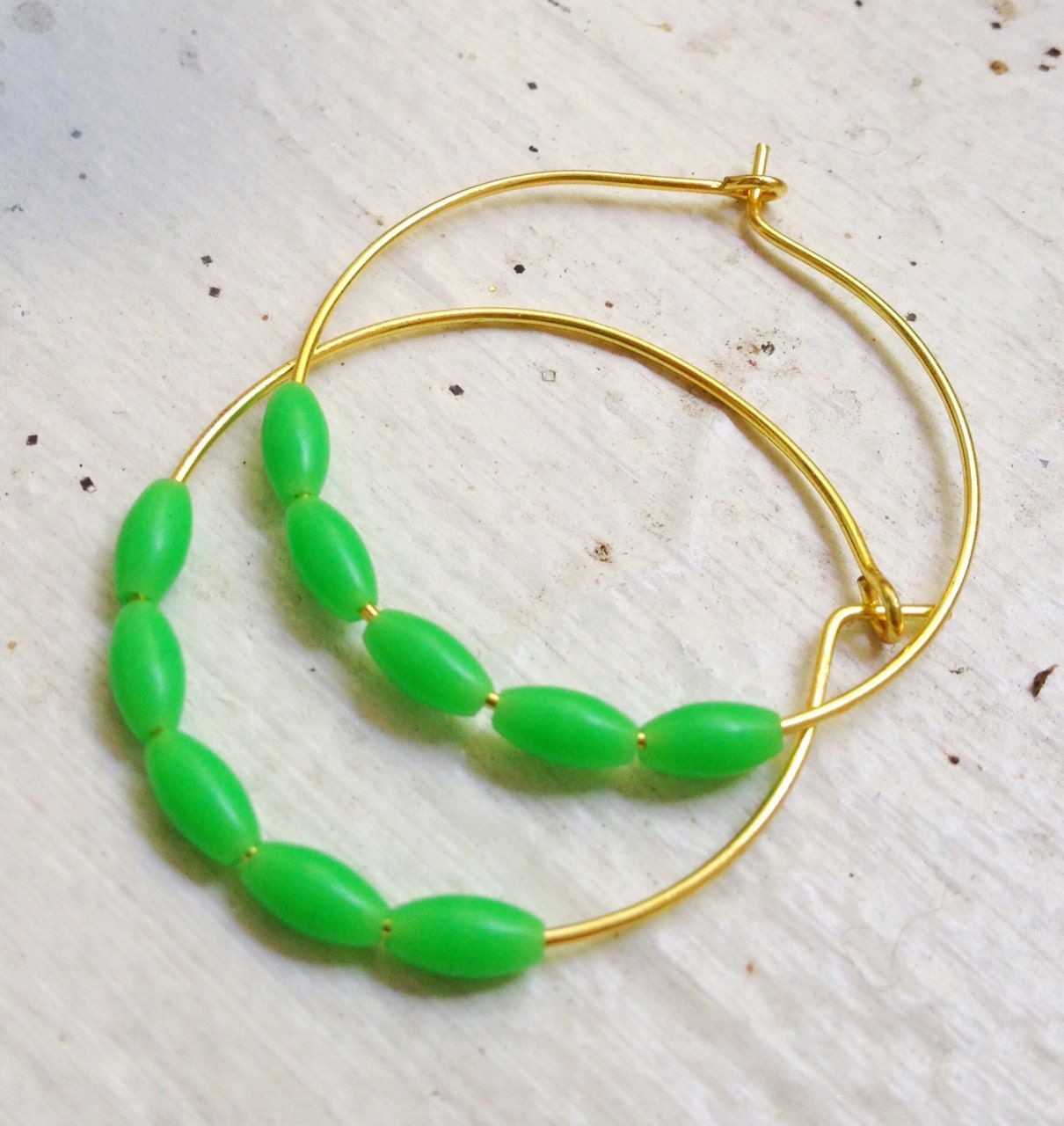 Pea Shoots Hoop Earrings Vintage Green Bead Gold