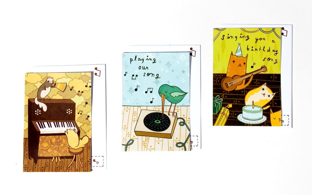 MUSICAL ANIMAL Notecards (set of 18) by boygirlparty - assorted set with cat, squirrel and bird