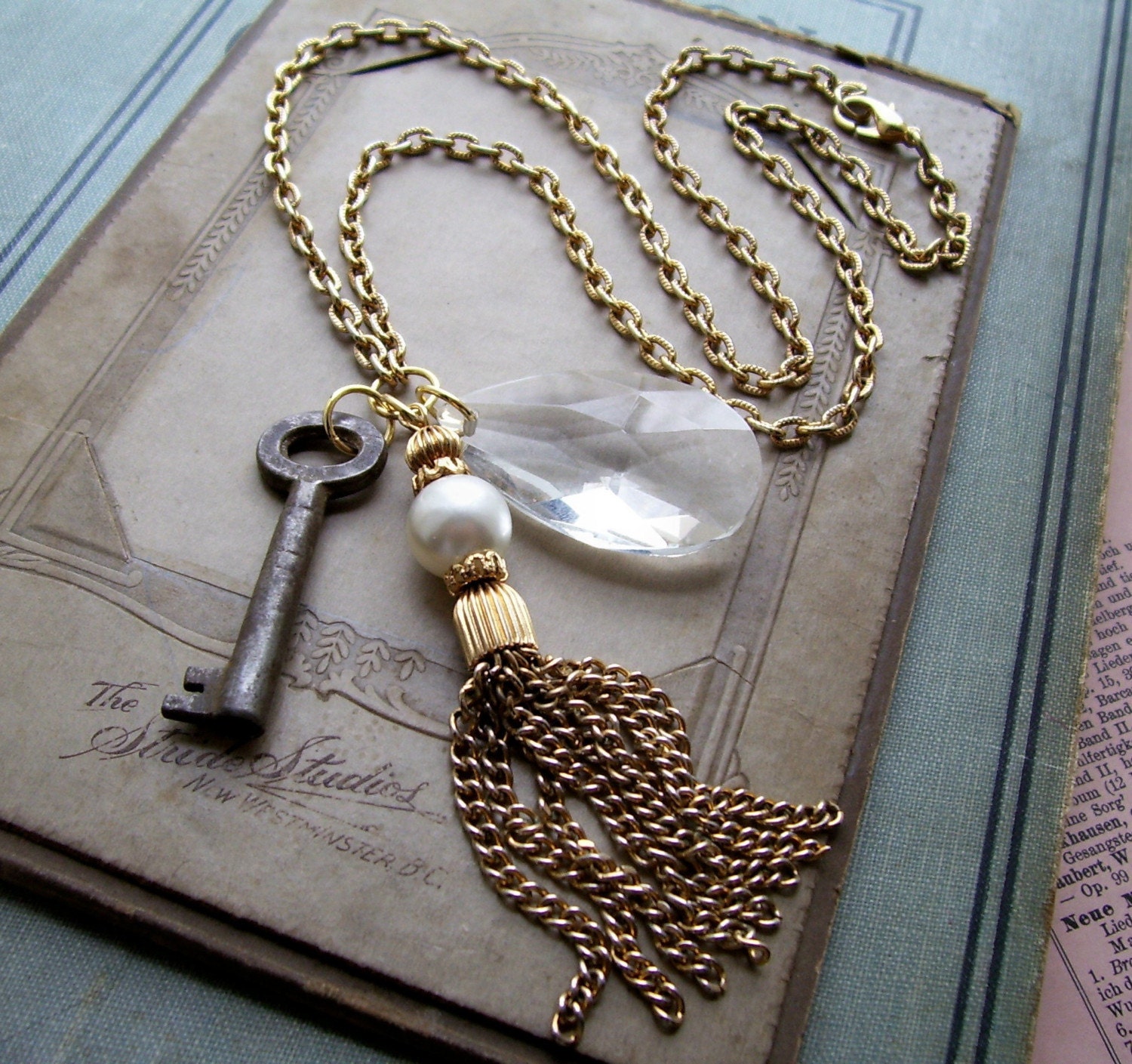 Necklace, Antique Key, Chandelier Crystal, Vintage Tassel