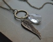 Whimsical Wing and Crystal Necklace with Antique Brass Chain