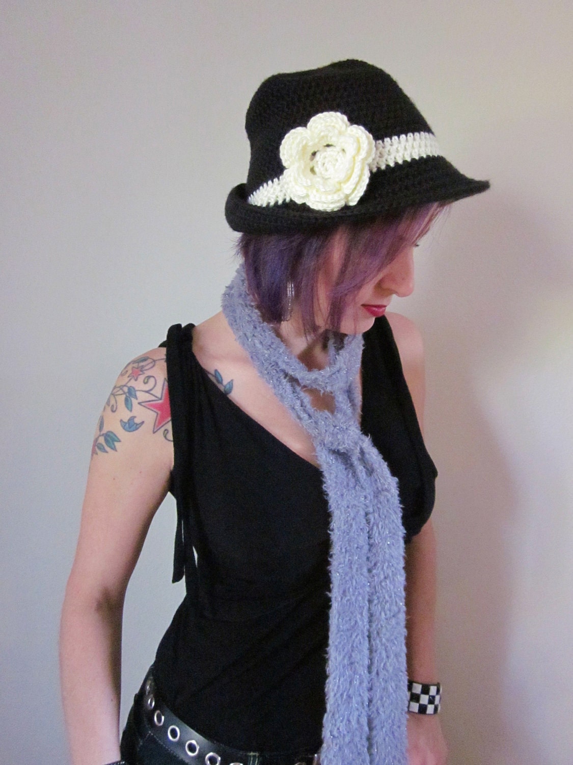 The Fedora Hat - Black and Cream Fedora with Large Flower Clip - Women Crochet Hat