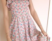70s Foxy Sundress Blue Roses Dress Vintage - Floral - Pink Purple - Black & White - XXS to XS