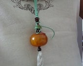 Jade & Amber Necklace - Kuan Yin Compassionate Buddha - White Green Carved Jade Pendant - Original Design
