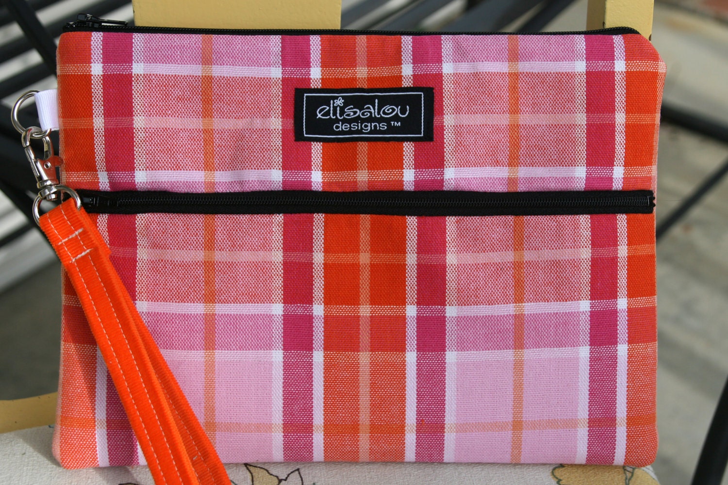 Kindle / iPad Mini / Nook, e-Reader / Wristlet / Padded Pouch / Bag- Pink & Orange Plaid
