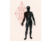 EMBROIDERED PRINT 'Inner Space' / star map collage male figure anatomy geometry constellation red thread