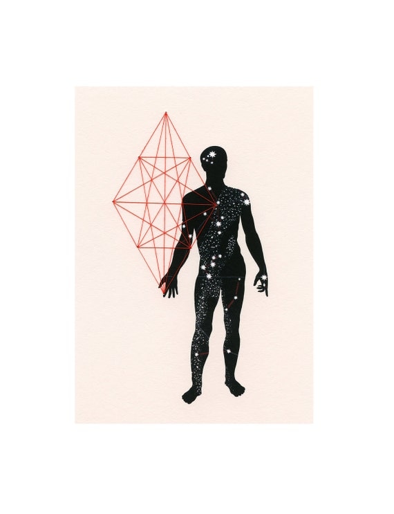 EMBROIDERED PRINT 'Inner Space' / star map collage male figure anatomy geometry constellation red thread