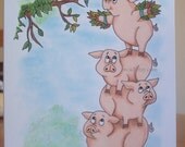 Pigs, Flying, ORIGINAL drawing, animal illustration, hand drawn, small format art, blank note card, humor