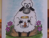 Sheep, Bug, ORIGINAL drawing, animal illustration, hand drawn, small format art, get well card, blank note card, humor