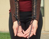 Gauntlets - Chocolate Brown with Black Ribbon - Small Crocheted Armwarmers