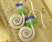 Genuine Sea Glass and Hill Tribe Silver Swirl Dangle Earrings