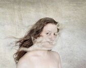 A Great Wind - FREE SHIPPING - Print Girl Portrait Windy Movement Cream White Brown Fabric Caught Surreal Photo Art Portrait