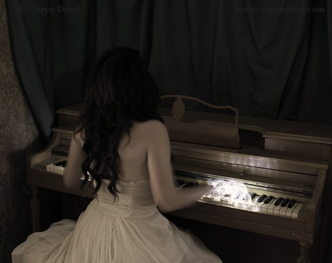 Magic Fingers - FREE SHIPPING Print Girl Piano Light Hands Dark Spooky Haunting Portrait Green Cream White Vintage Dress Surreal Dark