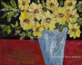 Original Oil Still Life Painting, Yellow, Flowers, Daisy, Blue, Vase, Impasto, Red Table, Winjimir, Ready to Hang. 20x16