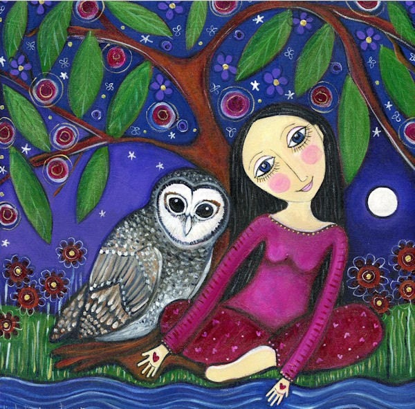 Girl with Owl Art Print - Whimsical Folk Art - Childrens Art - ' Maya'