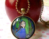 Girl and Dragon art Necklace gift for girls gift for sister Glass Tile Pendant dragon jewelery Bronze Setting Vintage Gold Ball Chain