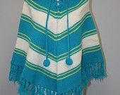 Vintage 70s BOHO Sweater Cape Jacket in Bright Blue Chevron Stripes and pompoms