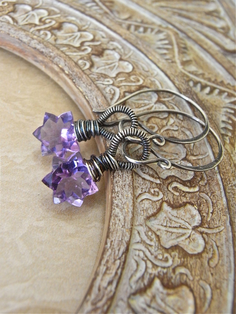 Earrings - sterling silver, oxidised, amethyst, star, briolette  - Zeta