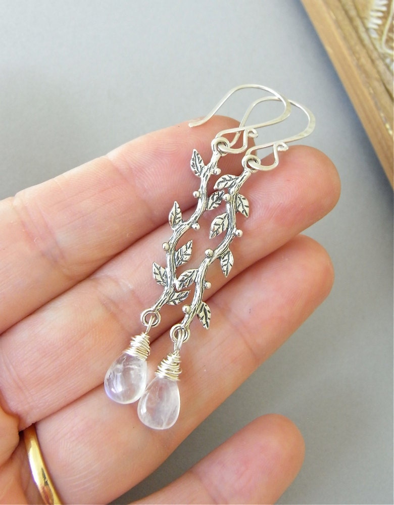 Earrings - sterling silver, moonstone, briolette, slender, branch design - Ceridwen