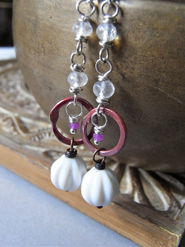 Earrings - vintage Swarovski crystal, sterling silver, moonstone, ruby, rosy copper, stud earrings - Fuchsia