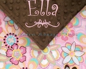 Embroidered Baby Blanket , Baby Girl Blanket - Flower Crystals and Minky - Personalization Included