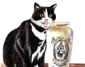 Tuxedo Cat Art Vintage Cream Pot Watercolor Painting  Original Black and White Kitty Home Decor