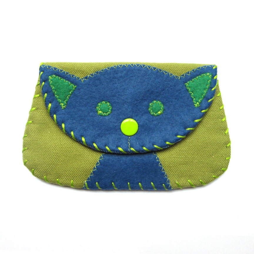 Cat Snap Wallet Purse in Blue and Green