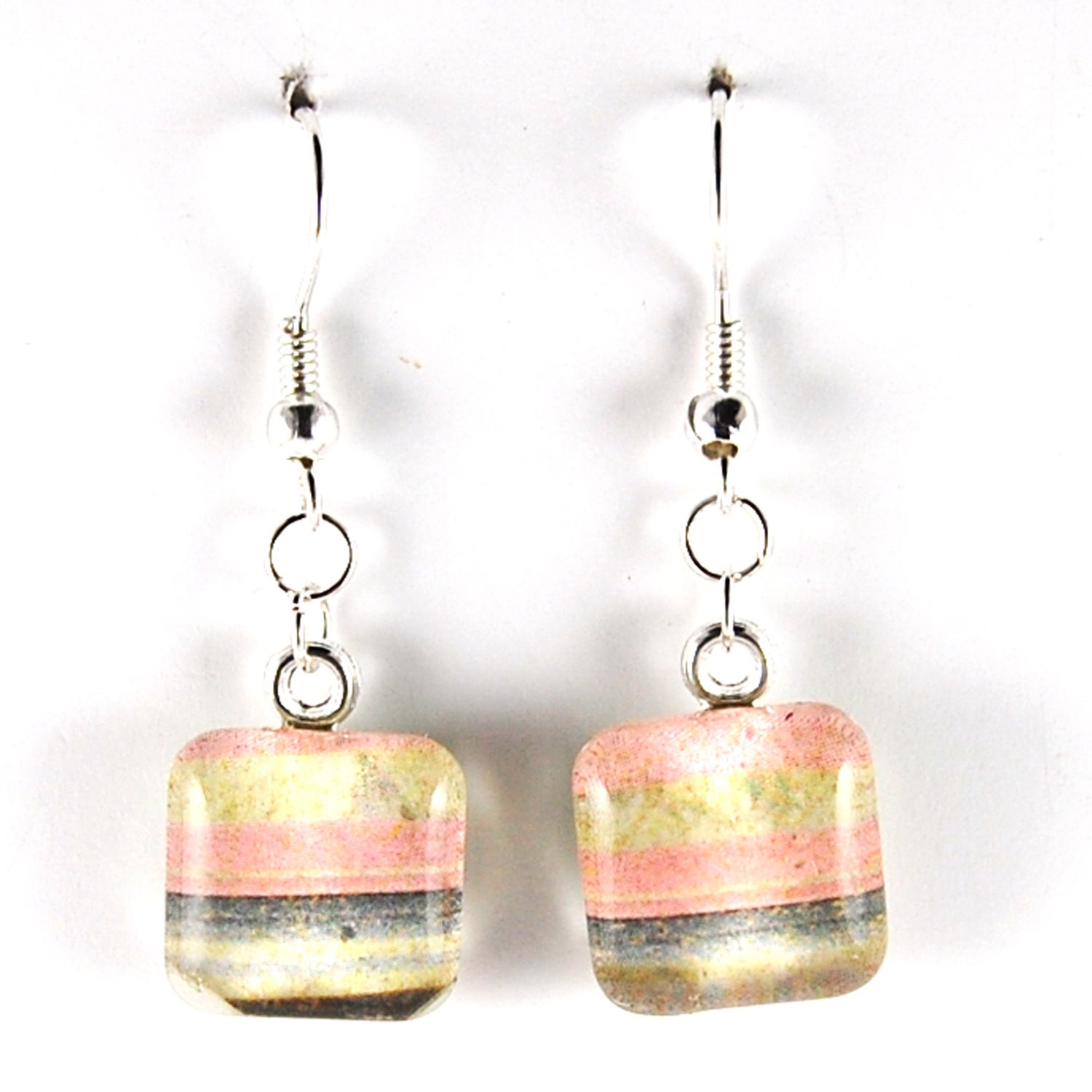 Clearance - Smooth Glass Tile Earrings - Pink and Grey Stripes