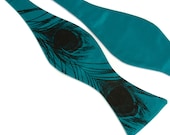 Peacock feather bow tie, teal and black. Men's teal green self-tie bowtie with black screen print.
