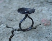 READY TO SHIP - Black Dahlia - Soft Petals Flower Ring - Sterling Silver snd Silver Obsidian