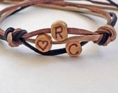 ANKLET Custom Initials Personalized Monogram Wood Letter Anklet leather wood Hand burnished beads YOU CHOOSE leather color Groomsmen gift