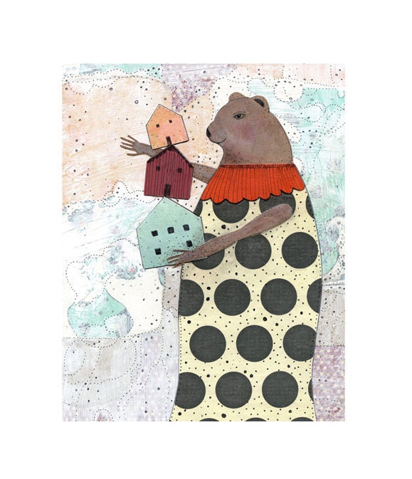 Bear Animal Art Print , Mixed Media Collage Art Reproduction , Whimsical Nursery Collage Art , 5x7