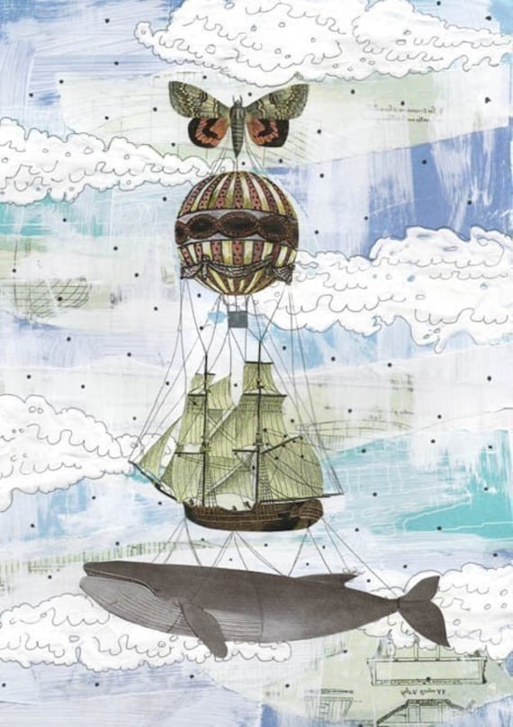 Collage Art , Hot Air Balloon Illustration , Whale Art Mixed Media Reproduction,  5x7