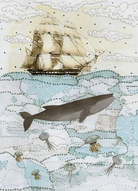 Whale Illustration , Whale Painting , Mixed Media Collage Painting , Whimsical Art Print , 5x7. Print 5007