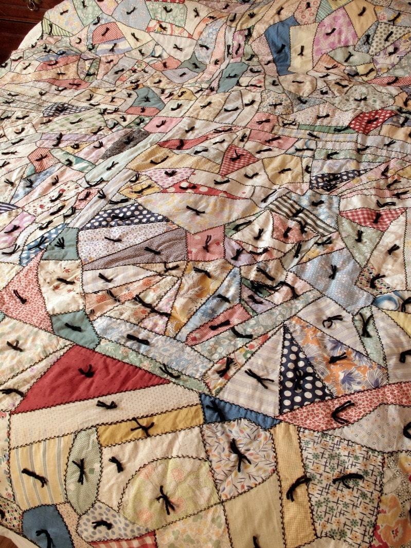 Restored Antique Crazy Quilt 1930s Cotton Fabrics Wool Batting