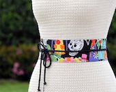 REVERSIBLE Leather and Fabric Obi Wrap Belt - Calavera print Day of the Dead Dia de Los Muertos / Skulls / Cinco De Mayo