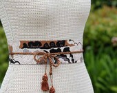 REVERSIBLE Leather and fabric Obi Wrap Cinch Belt - Forest Cloud print - Your choice leather color and size