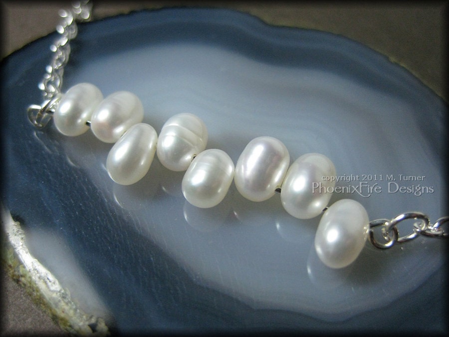 Freshwater Pearls in a Row Necklace in Sterling Silver Dancing Pearls (Bride, Bridesmaid, Bridal, Wedding)