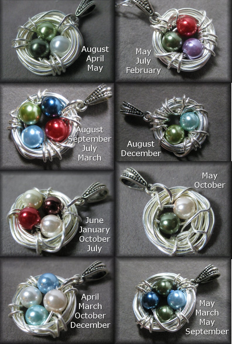 Mother's Birthstone Bird Nest Custom Personalized Pendant Wire Wrapped Sterling Silver Mom Mum Kids Push Present