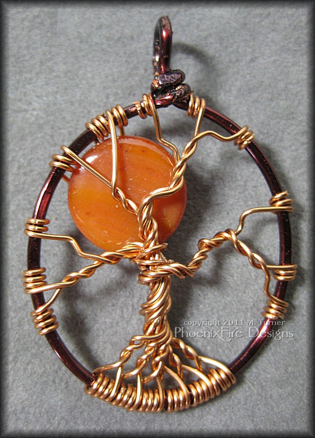 Harvest Moon - Full Moon Tree of Life Pendant with Orange Shell Bead in Copper and Brown Wire Dainty Small Halloween