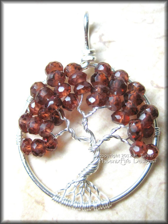 January Tree - Garnet Tree of Life Pendant in Sterling Silver Wire Wrapped January Baby Birthstone Birthday Gift