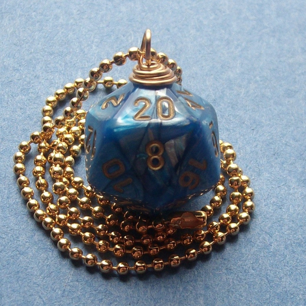 D20 Die Pendant - Lustrous Blue - Pearl Swirl Geek Gamer DnD Role Playing RPG