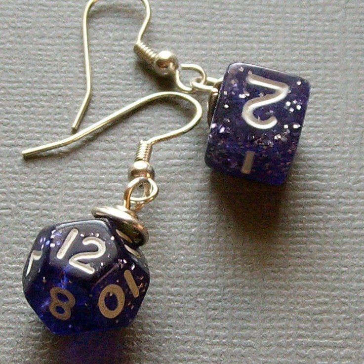 Dungeons and Dragons - D6 D12 Die Earrings - Purple Glitter - Geek Gamer DnD Role Playing RPG