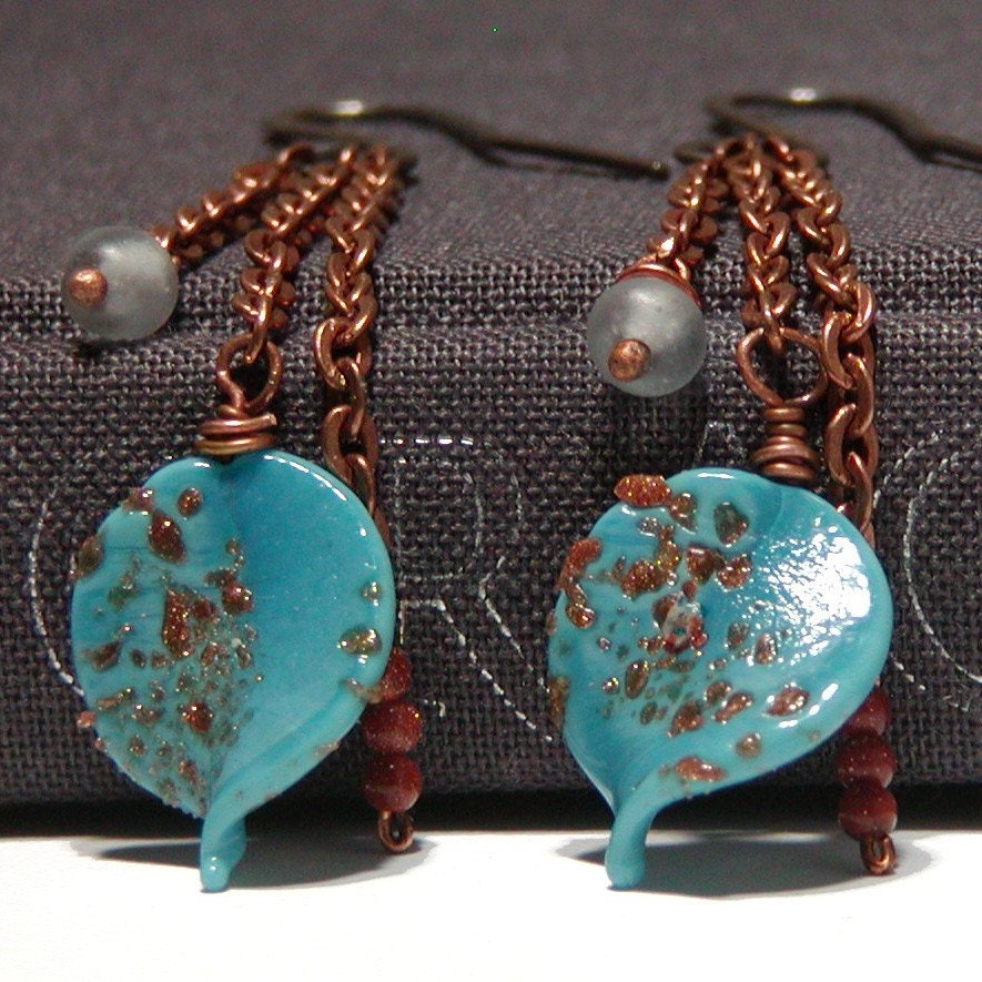 Aqua Blue Vintage Glass Earrings, Lampwork Leaves and Copper Chain