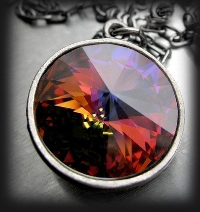 Swarovski Rivoli Crystal Necklace - Kaleidoscope Glass Pendant Gunmetal Chain