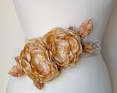 Wedding Sash Accessory - Bridal Belt - Hair Flower Fascinator Head Piece - Flower Brooch -  Bridal Hair Flower - Golden Tan Parchment